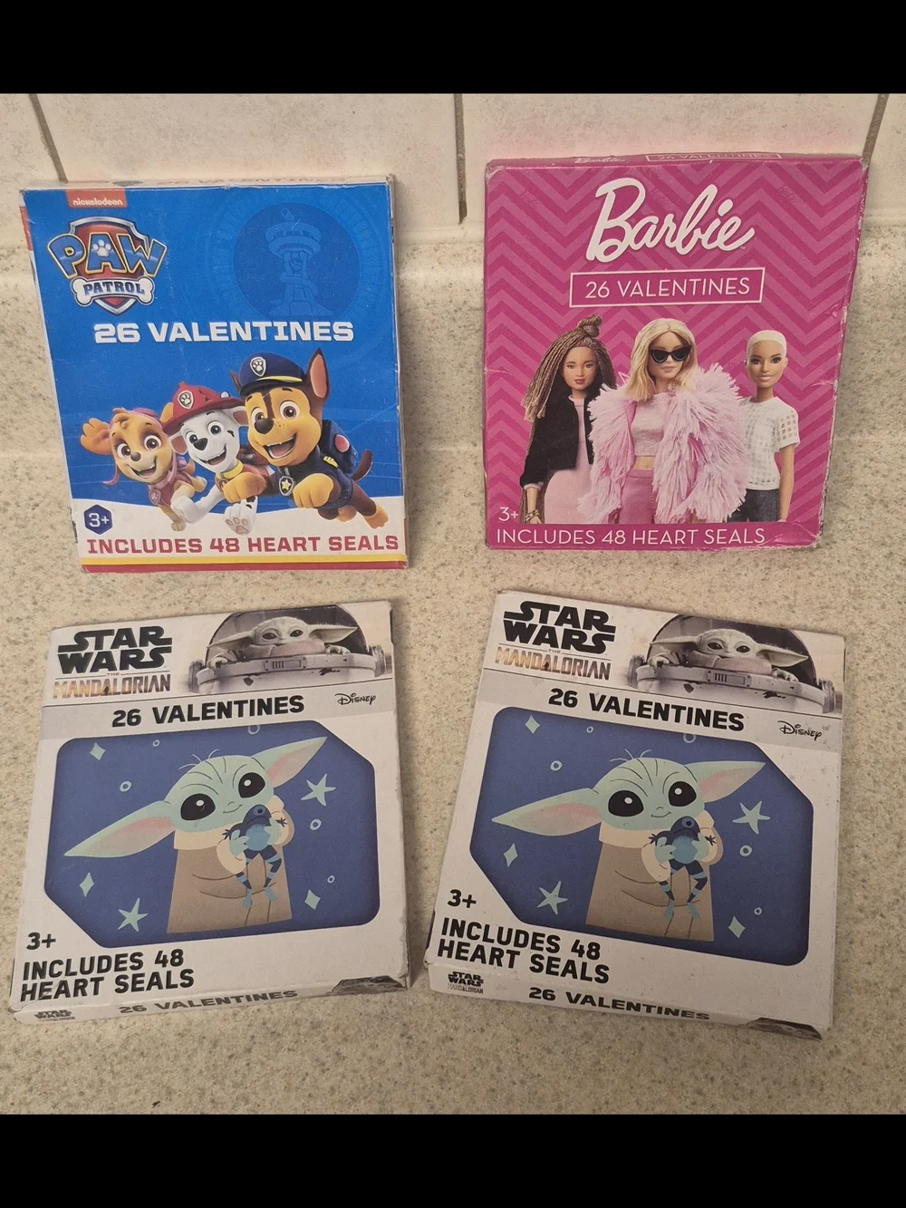 Lot of 4 sealed packs of  Valentines Cards (2) Star Wars Paw Patrol Barbie 26 ct